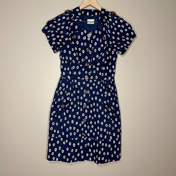 Women's S Reneevon Korea Version Fashion Dress Full Button Up Navy Circle Print - Picture 2 of 10
